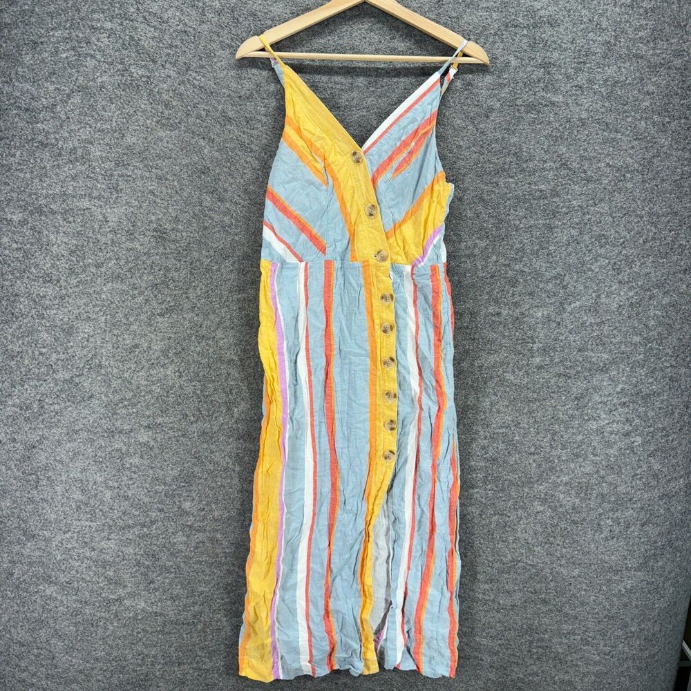 Sandy & Sid Dress Women M Medium Blue Striped Shift Midi V-Neck Sleeveless Linen